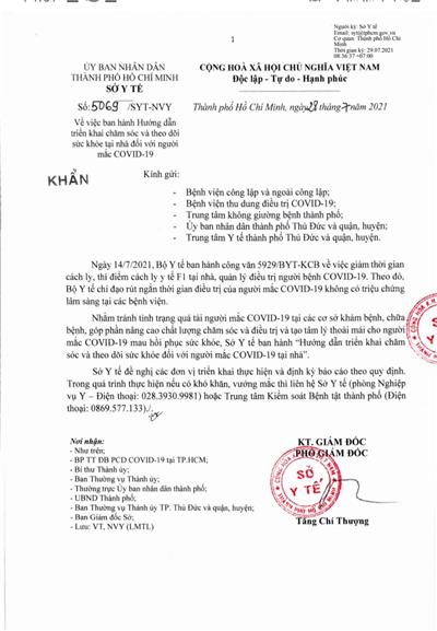 Image: KHẨN : Công văn số: 5069/SYT-NVY ngày 28/7/2021 của Sở Y tế Thành phố Hồ Chí Minh. Về ban hành hướng dẫn triển khai chăm sóc và theo dõi sức khỏe tại nhà đối với người mắc COVID-19.