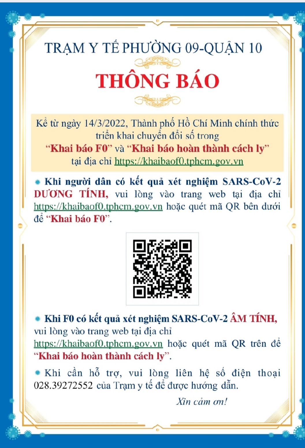Image: Trạm Y tế Phường 9, Quận 10 Thông báo về việc triển khai chuyển đổi số trong “Khai báo F0” và “Khai báo FO hoàn thành cách ly”